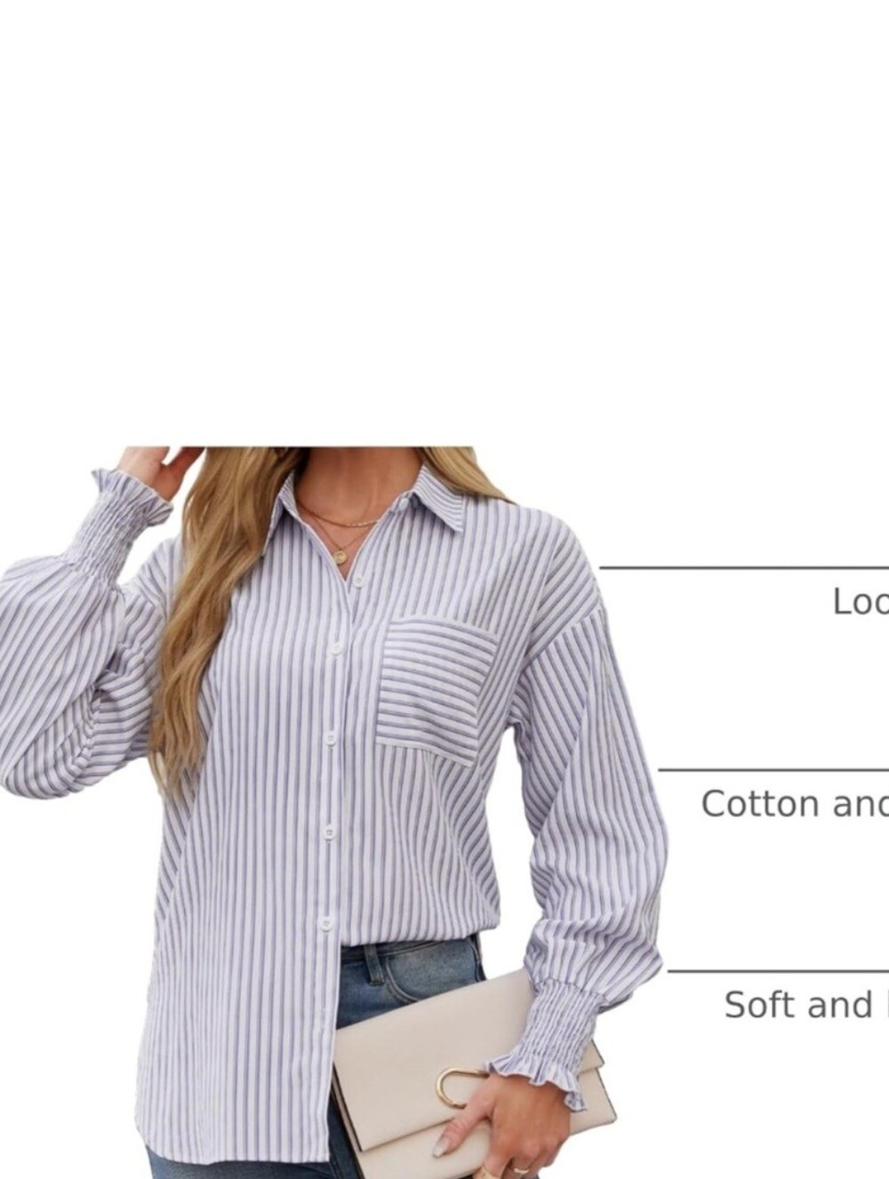Womens Oversized Button Down Striped Smocked Cuff Long Sleeve Blouse - NWOT - Picture 3 of 8